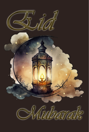 Eid Mubarak Watercolor Lantern Black Background Lined Journal