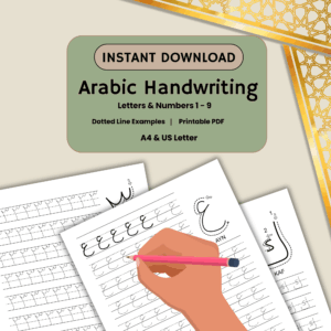 Promotional image for an Arabic handwriting practice printable. The top section features a green banner with the text “Instant Download — Arabic Handwriting” and details below: “Letters & Numbers 1–9,” “Dotted Line Examples,” “Printable PDF,” and “A4 & US Letter.” The background shows illustrated practice sheets for tracing Arabic letters with guides and dotted lines. In the foreground, an illustrated hand holding a pencil practices writing the Arabic letter “ʿAyn.” The design is accented with gold Islamic geometric patterns in the corners.
