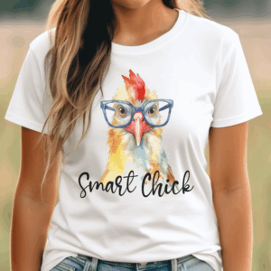 Woman wearing a white t-shirt featuring a colorful illustration of a chicken with blue glasses and a red comb. Below the illustration, the text reads “Smart Chick” in a playful cursive font. The woman is shown from the waist up, standing outdoors with a blurred natural background.
