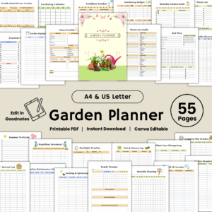 Promotional image for a “Garden Planner” printable set showing multiple planner pages with colorful templates for gardening organization, including sections like “Plant Profile,” “Fertilizer Tracker,” “Garden Budget,” “Pest & Disease Log,” and “Bed Plan.” The central cover design features garden tools, plants, and a pink watering can with butterflies above. The bottom banner reads “A4 & US Letter — Garden Planner — 55 Pages,” and highlights key details: “Edit in Goodnotes,” “Printable PDF,” “Instant Download,” and “Canva Editable.”