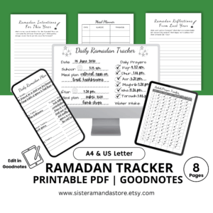 Promotional image for a Ramadan Tracker printable set displayed on digital devices and printed sheets. The central page shows a “Daily Ramadan Tracker” with sections for date, suhoor and iftar times, meal plans, daily prayers, and water intake. Additional pages include “Ramadan Intentions,” “Meal Planner,” “Ramadan Reflections,” and a “Salah/Prayer Tracker.” A banner at the bottom reads “A4 & US Letter — Ramadan Tracker — Printable PDF | GoodNotes — 8 Pages.” The website “www.sisteramandastore.etsy.com” is listed below, and the design is set against a green background.